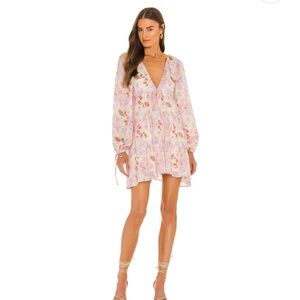 House of Harlow 1960 Pink V-Neck Bishop Sleeve Mini Dress